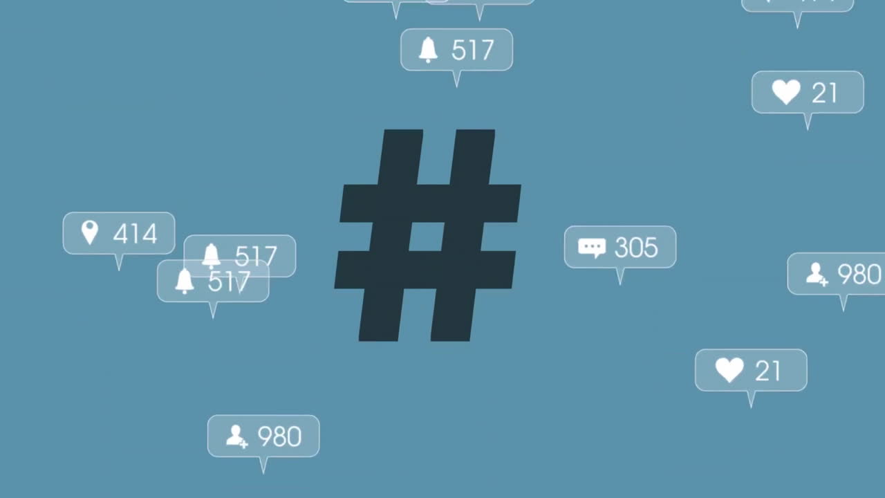 animação de processamento de dados de mídia social sobre hashtag em fundo azul