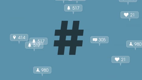 animation of social media data processing over hashtag on blue background