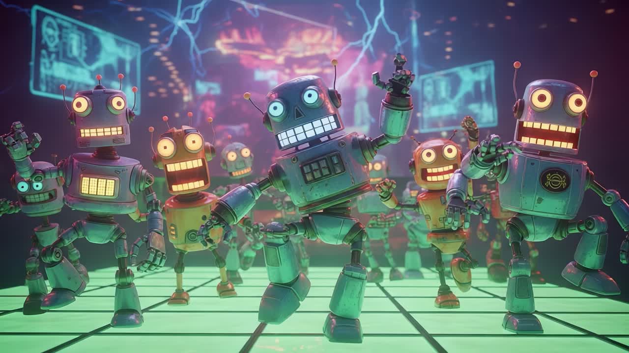 A Vibrant Display of Colorful Robots Dancing on a Neon Grid, Surrounded by Futuristic Visuals and Whimsical Lighting, Perfect for Capturing the Essence of Playful Technology