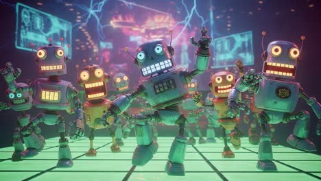 a vibrant display of colorful robots dancing on a neon grid, surrounded by futuristic visuals and whimsical lighting, perfect for capturing the essence of playful technology