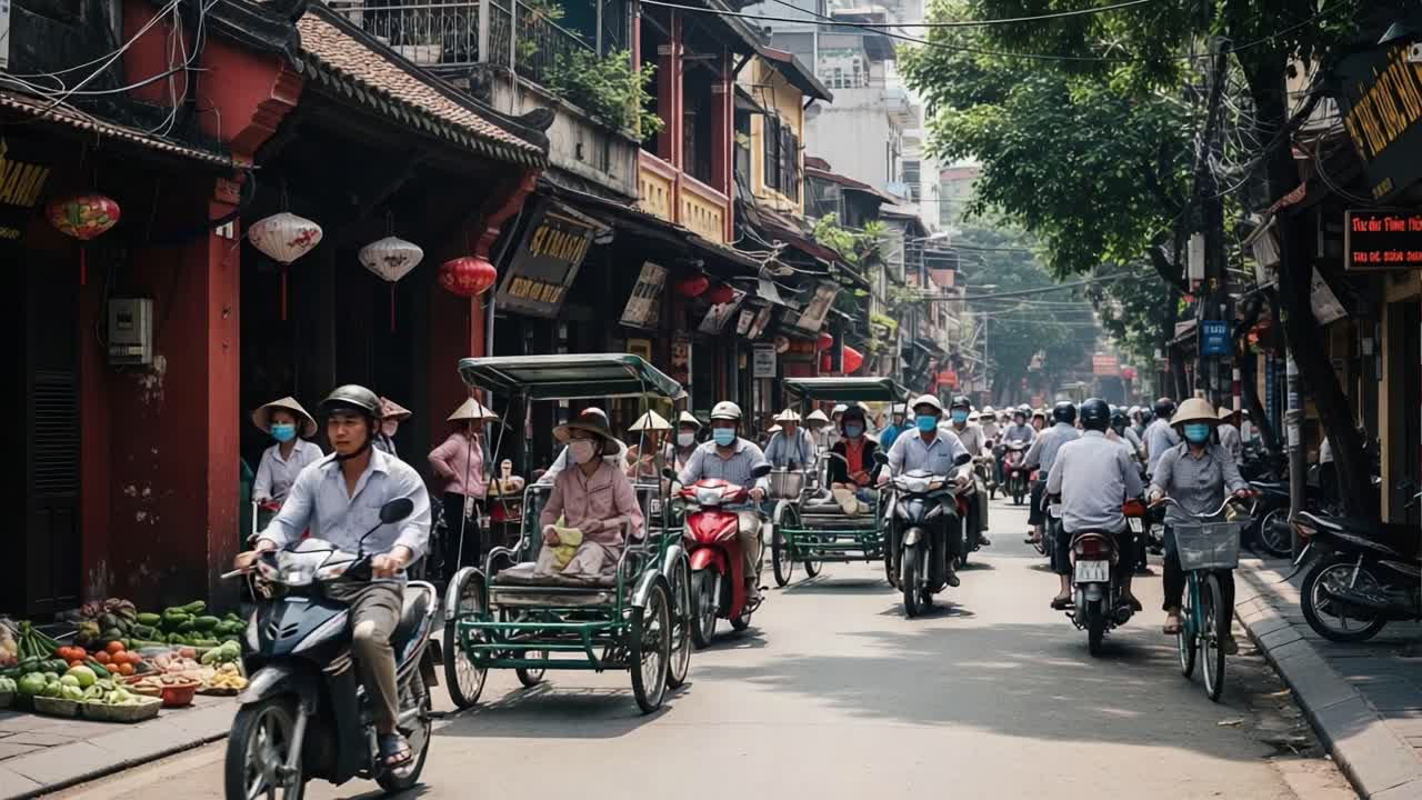 Bustling Street Scene in Vietnam with People, Motorcycles, and Cyclos