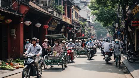 bustling street scene in vietnam with people, motorcycles, and cyclos