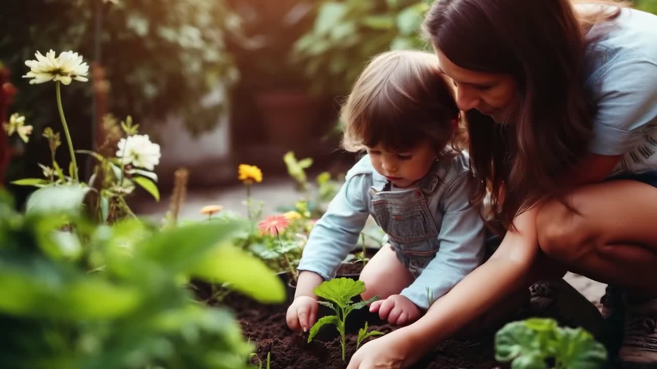 A heartwarming video scene of a mother and child gardening, captured from a low angle