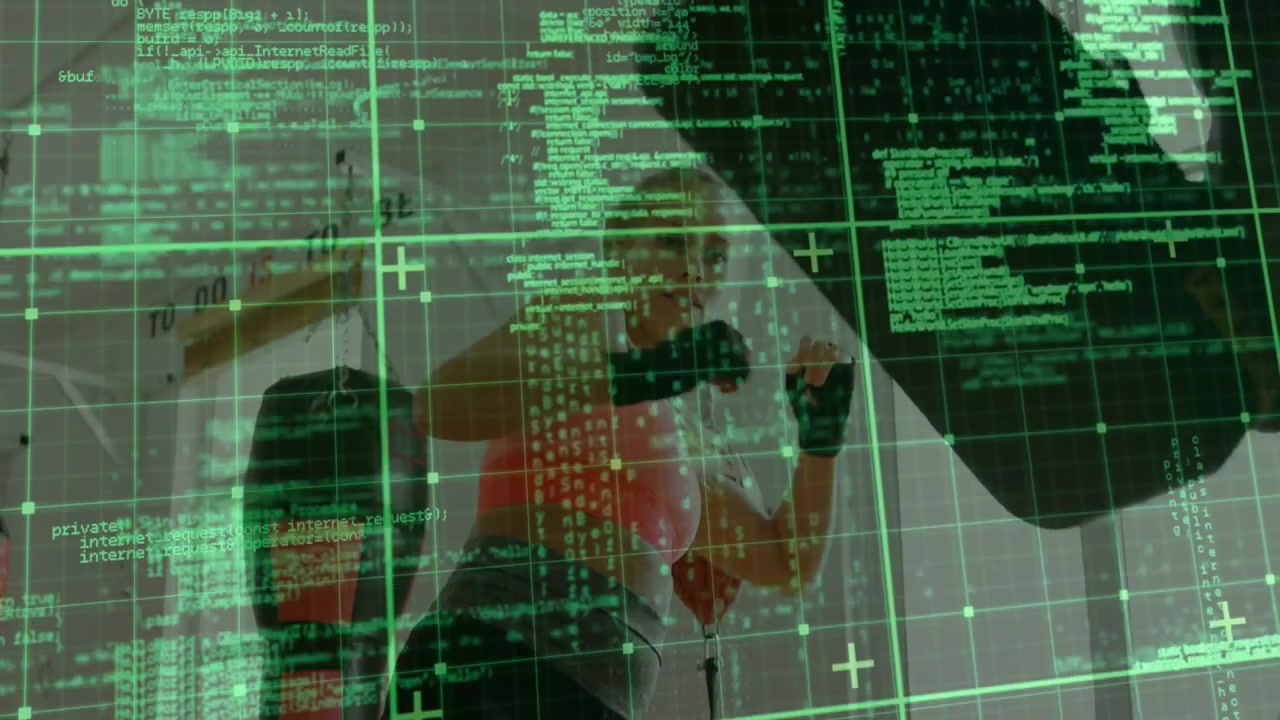 Trainer holding pad, woman trainee facing and throwing boxing combos for training with green HUD