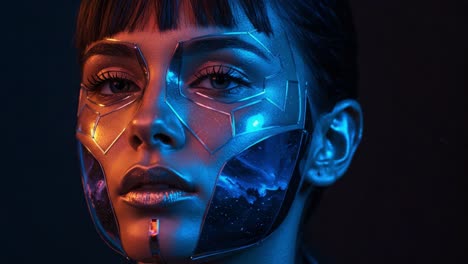 futuristic portrait featuring a stunning model with high-tech face mask reflecting cosmic imagery and vibrant lighting, highlighting modern aesthetics and science fiction elements