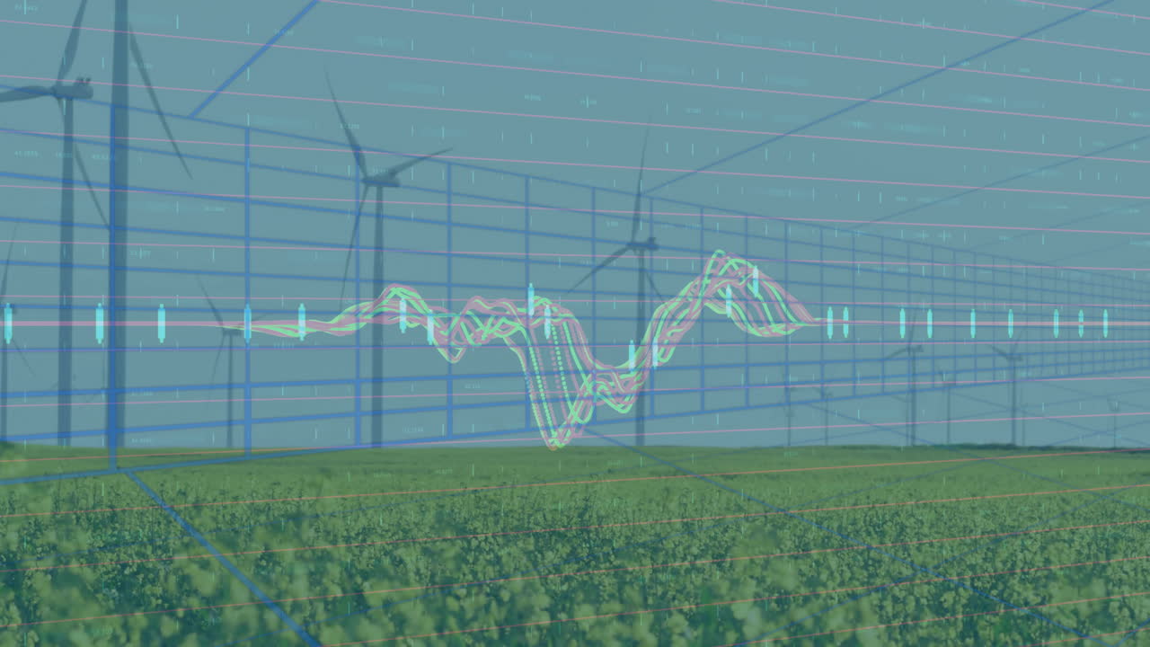 Colorful digital grid, waveform and candlestick bars spreading over green field and wind turbines
