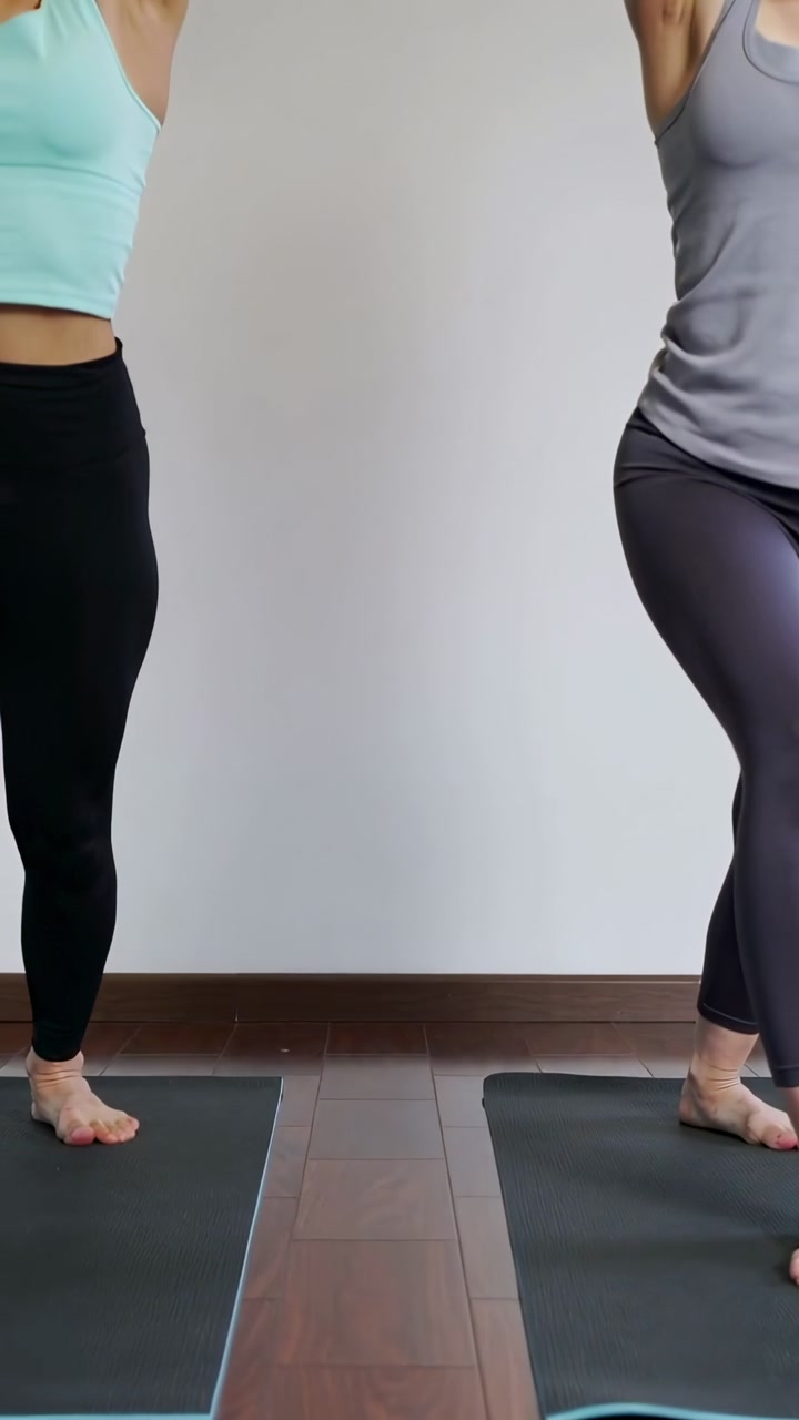 Vertical video: Moving from fold, two women in tanks, leggings holding tree pose on mats at home