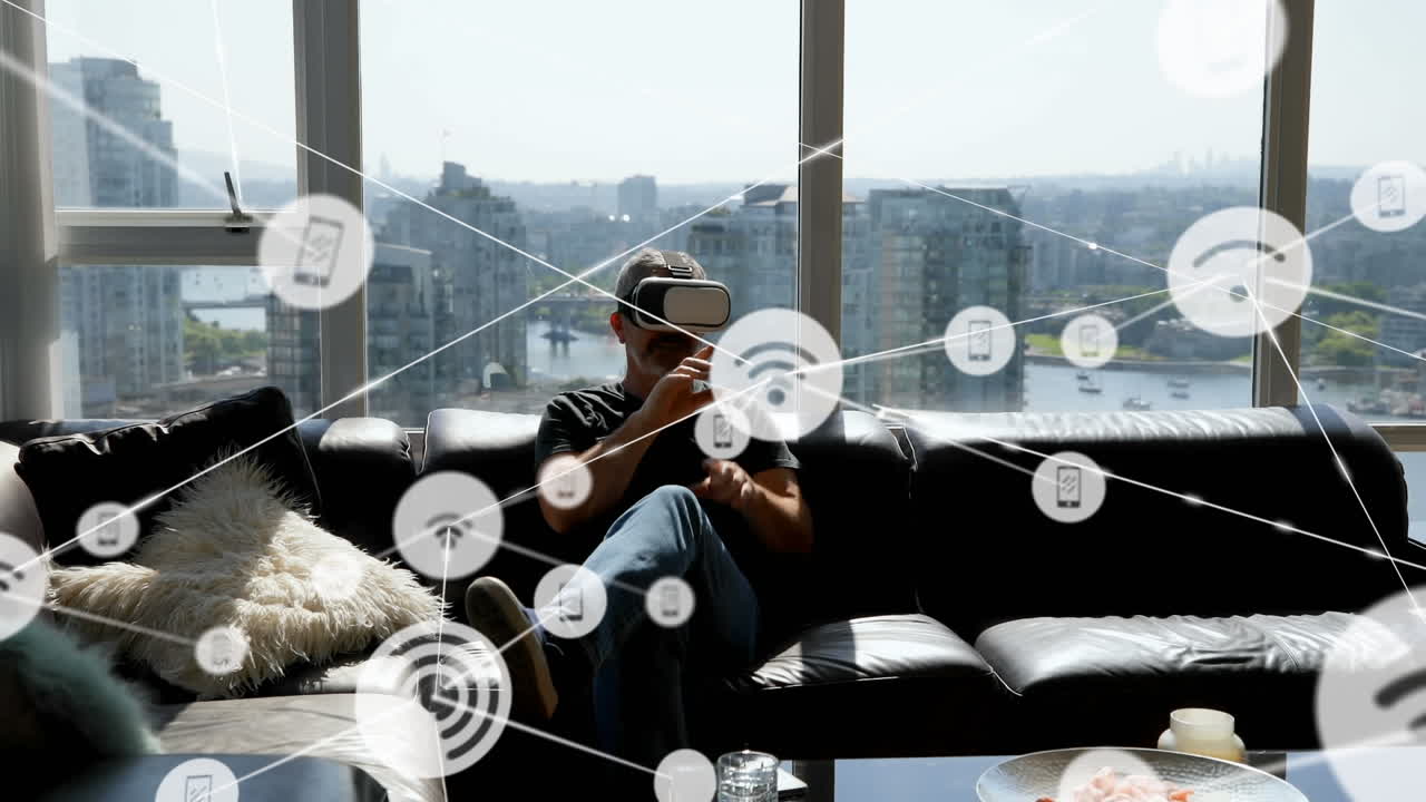 vr 헤드 ⁇ 을 착용한 사람 위에 아이콘으로 연결된 네트워크의 애니메이션