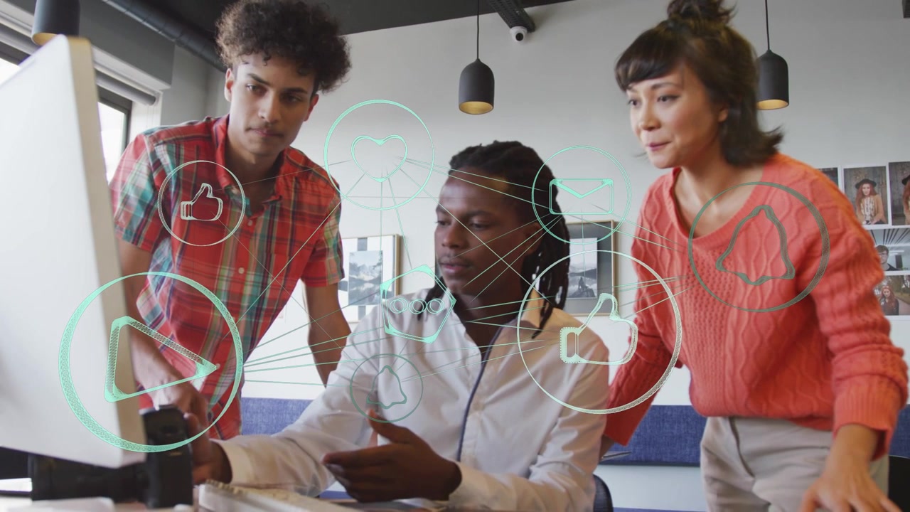 Vertical video: Seated man checking camera, media team leaning in while UI icons guiding choice