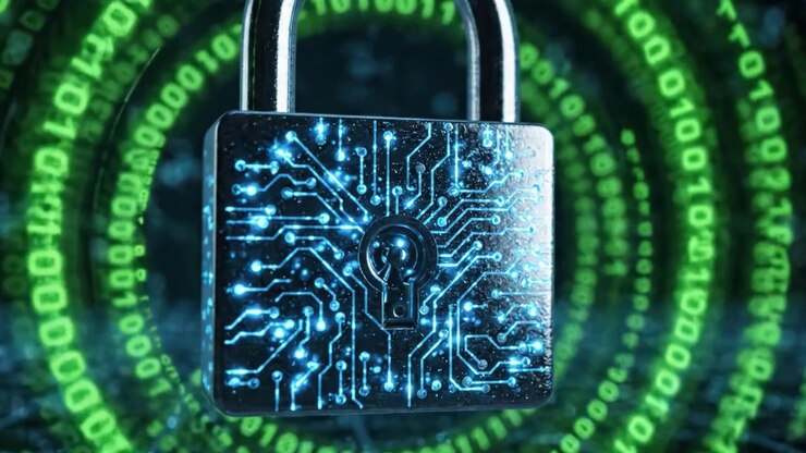 A High-Tech Digital Padlock Surrounded by Binary Code and Circular Data Patterns Representing Cybersecurity and Data Protection in a Modern Digital Era