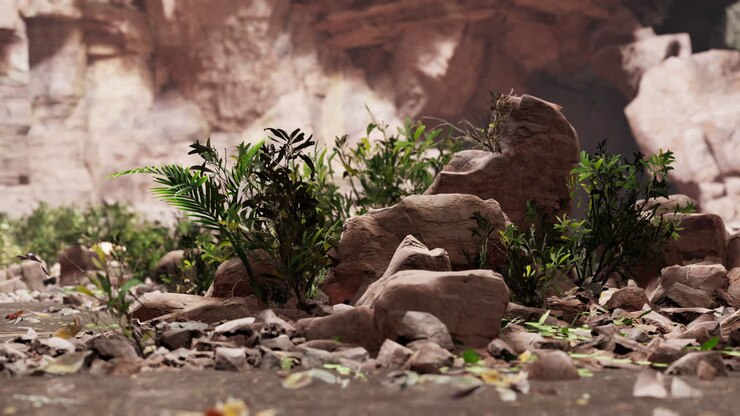 large fairy rocky cave with green plants