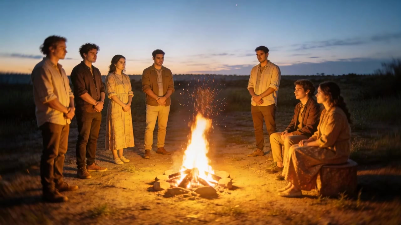 Sette amici in abiti casual riuniti attorno a un falò al tramonto, con le fiamme che attirano l'attenzione