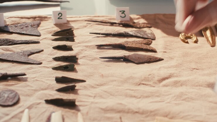 mano con guante de arqueólogo colocando artefactos históricos en la tela