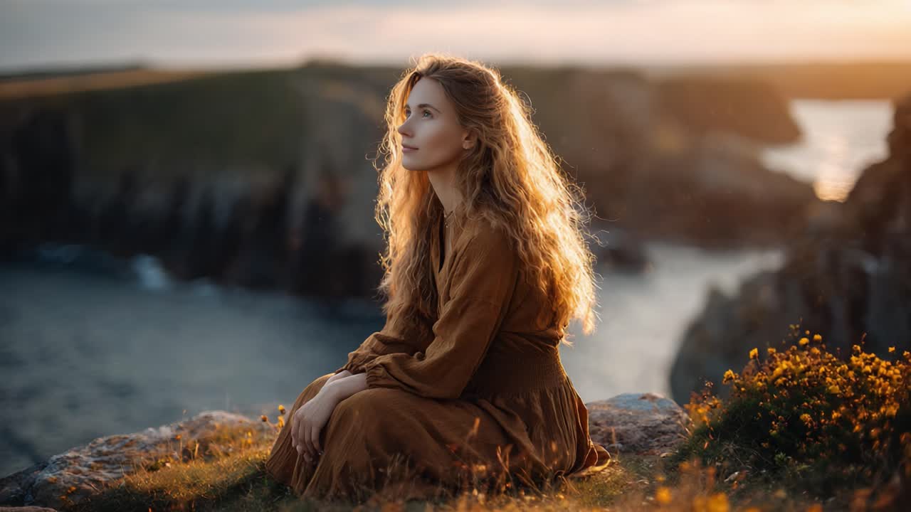 A Serene Moment of Reflection by the Sea: Captivating Views of a Young Woman Absorbing Nature's Beauty Amidst a Tranquil Coastal Landscape During Sunset