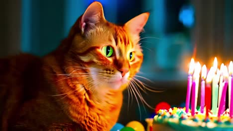 gato de jengibre celebrando su cumpleaños con pastel