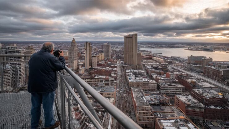 Cattura del paesaggio urbano: un fotografo su un tetto che guarda il paesaggio urbano distante al crepuscolo con cieli spettacolari sopra