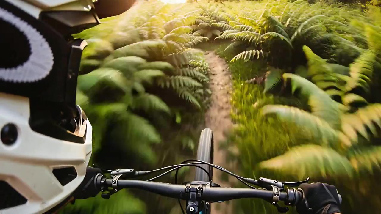 Sykler på MTB med hvit fullface-hjelm og hansker, navigerer en singletrack-sti som åpner seg mot solnedgangen.