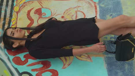 woman in black dress posing on colorful graffiti artwork with a handbag
