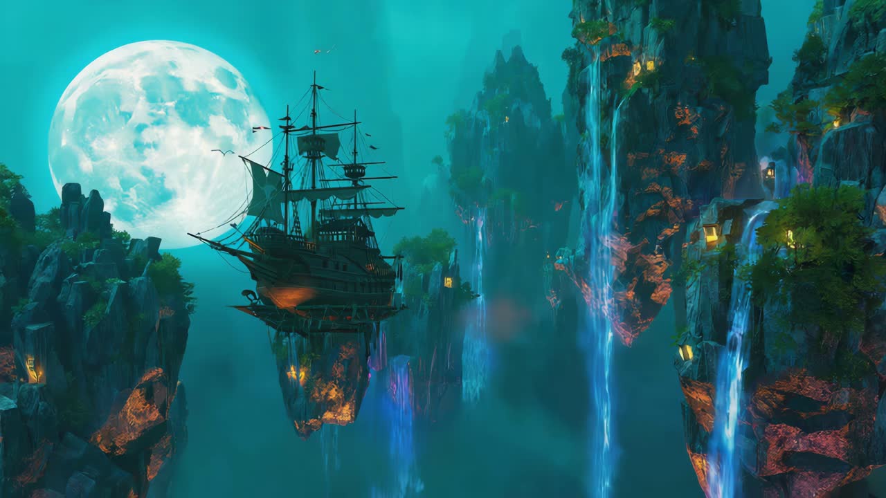 Fantasy Floating Islands with Ship and Waterfalls
