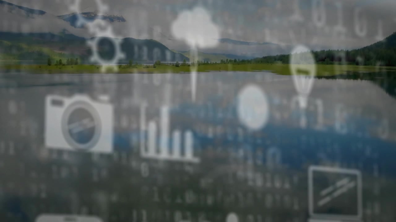 Blur clearing, white icons drifting to center, binary code scrolling over lake, revealing shoreline