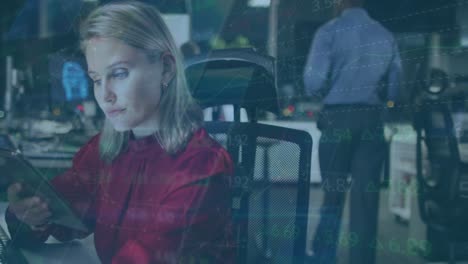 animation of data processing over caucasian businesswoman using tablet in office