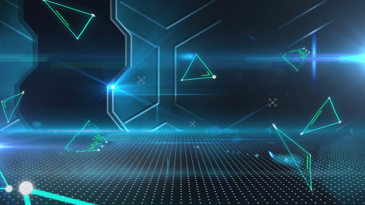 Animation of flickering triangles over hexagon patterned blue background