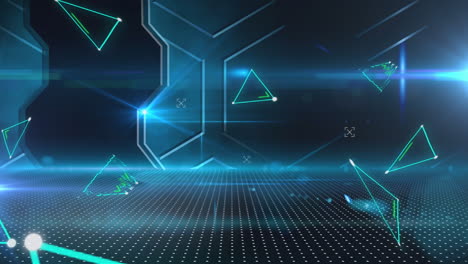 animación de triángulos parpadeantes sobre un fondo azul con patrones hexagonales