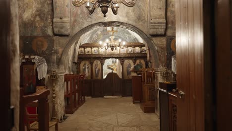 inside of a greek church shot ,beautiful ancient chapel with hagiography