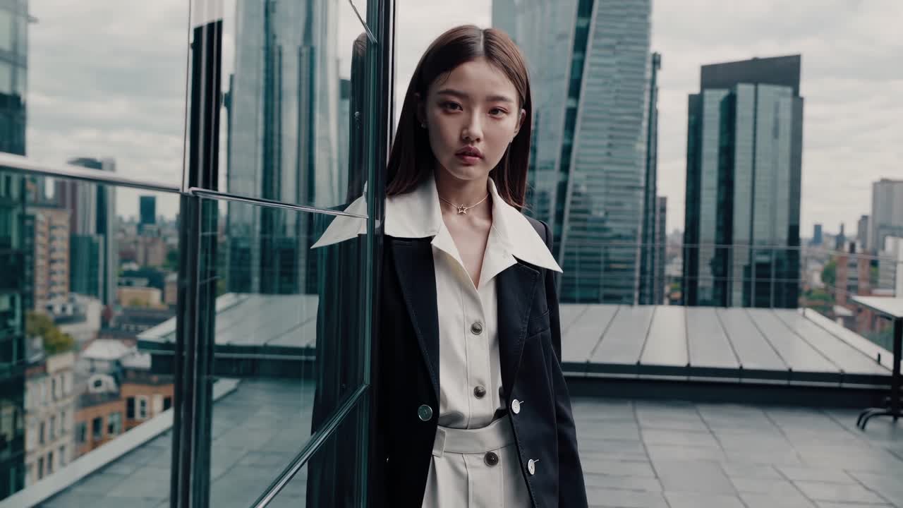 유리 벽으로 된 지붕 위에 자신감 있게 서있는 전문 사업가 여성, 도시 정교함을 구현하고 대도시 초고층 건물을 둘러싼 우아한 실루