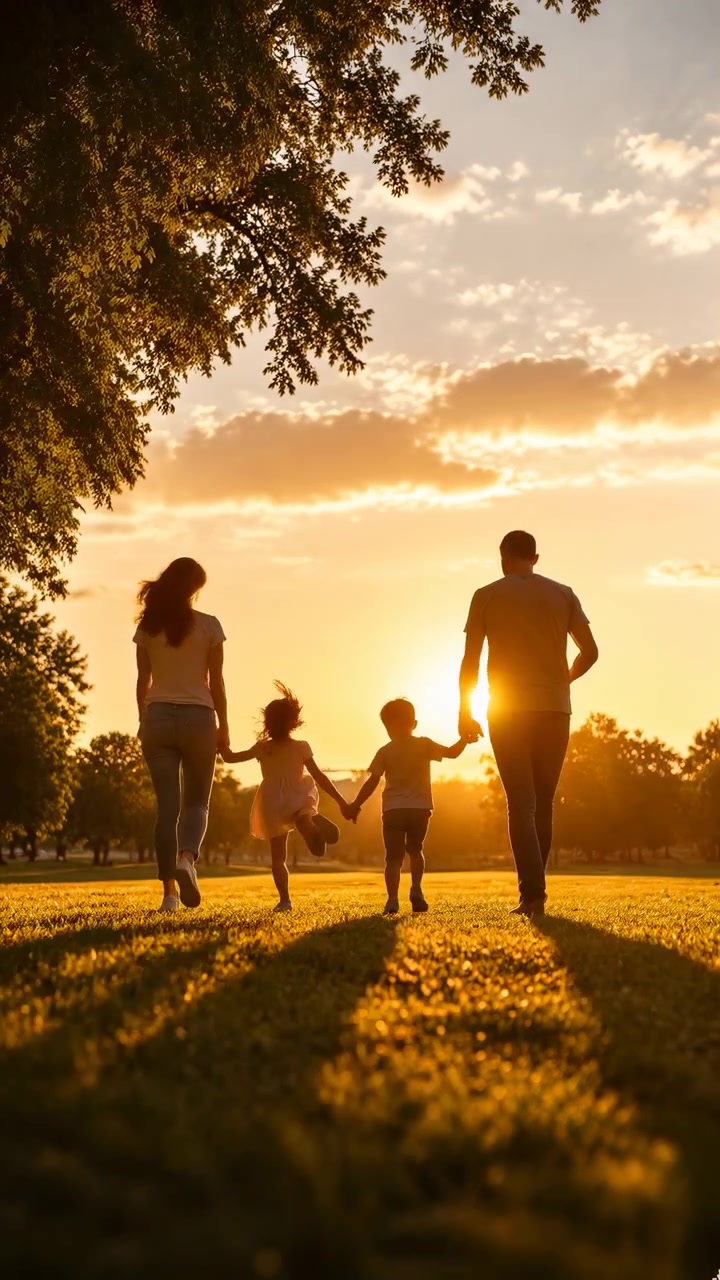 Adultos e crianças em silhueta caminham de mãos dadas por um parque gramado na hora dourada, com contraluz quente, árvores emoldurando a cena e sombras longas.