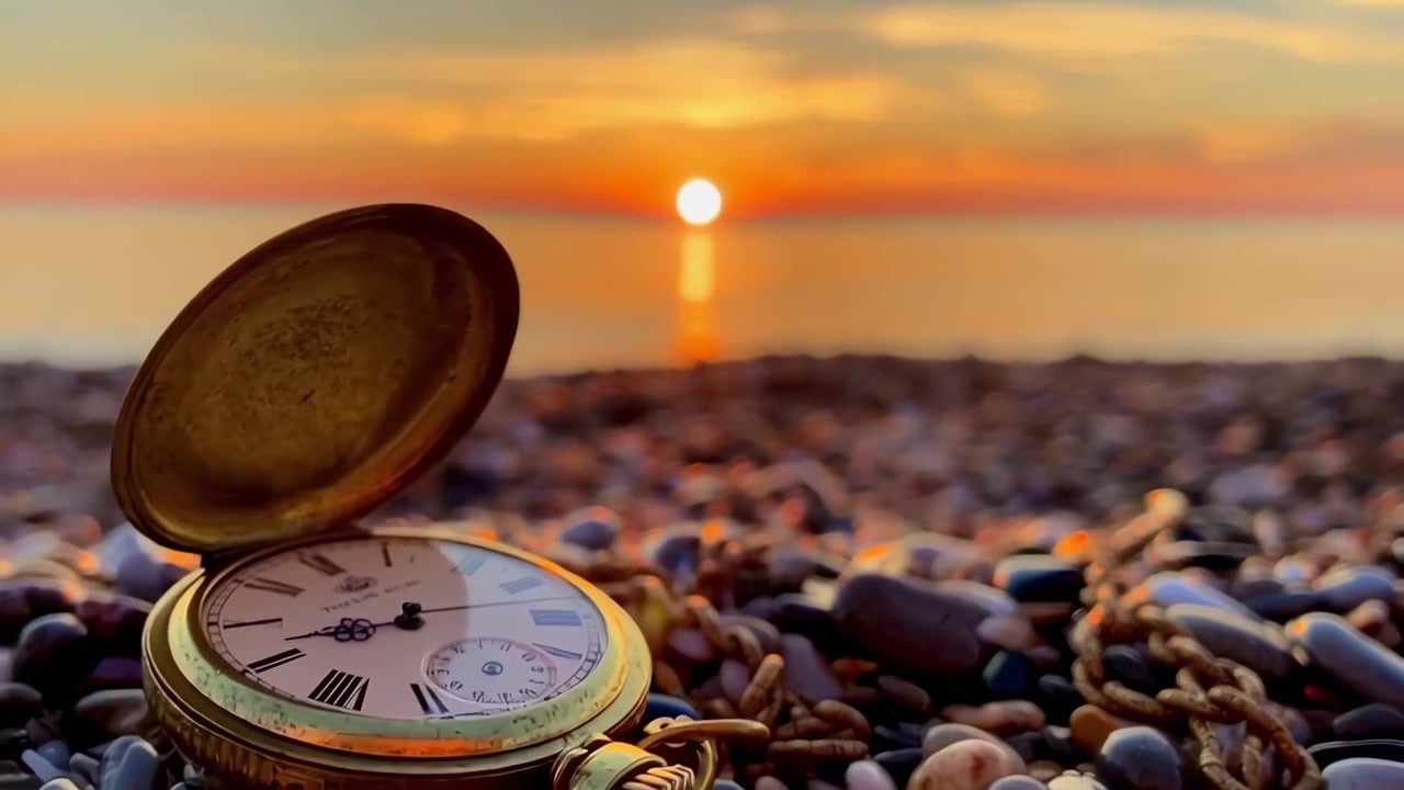 Orologio da tasca antico appoggiato su una spiaggia di ciottoli al tramonto