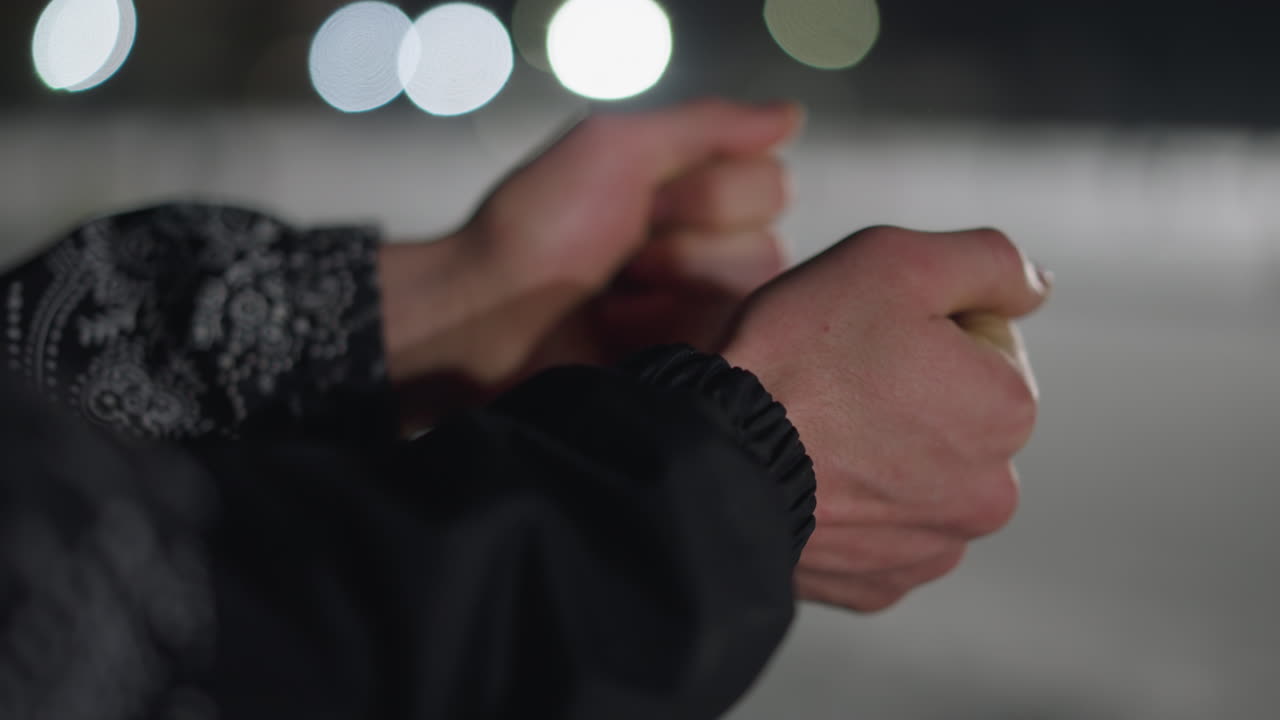 Close up of individual rubbing hands together during cold night with blurred snowy background and distant skater movement, conveying sense of chill, isolation, and natural human response to cold