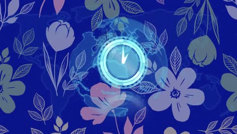 Animation-of-circular-scanner-with-clock-face-over-blue-global-network-and-flower-print