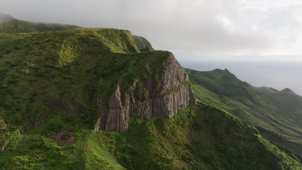 Aerial view of Rocha dos Bord&otilde;es during sunset at Flores Azores