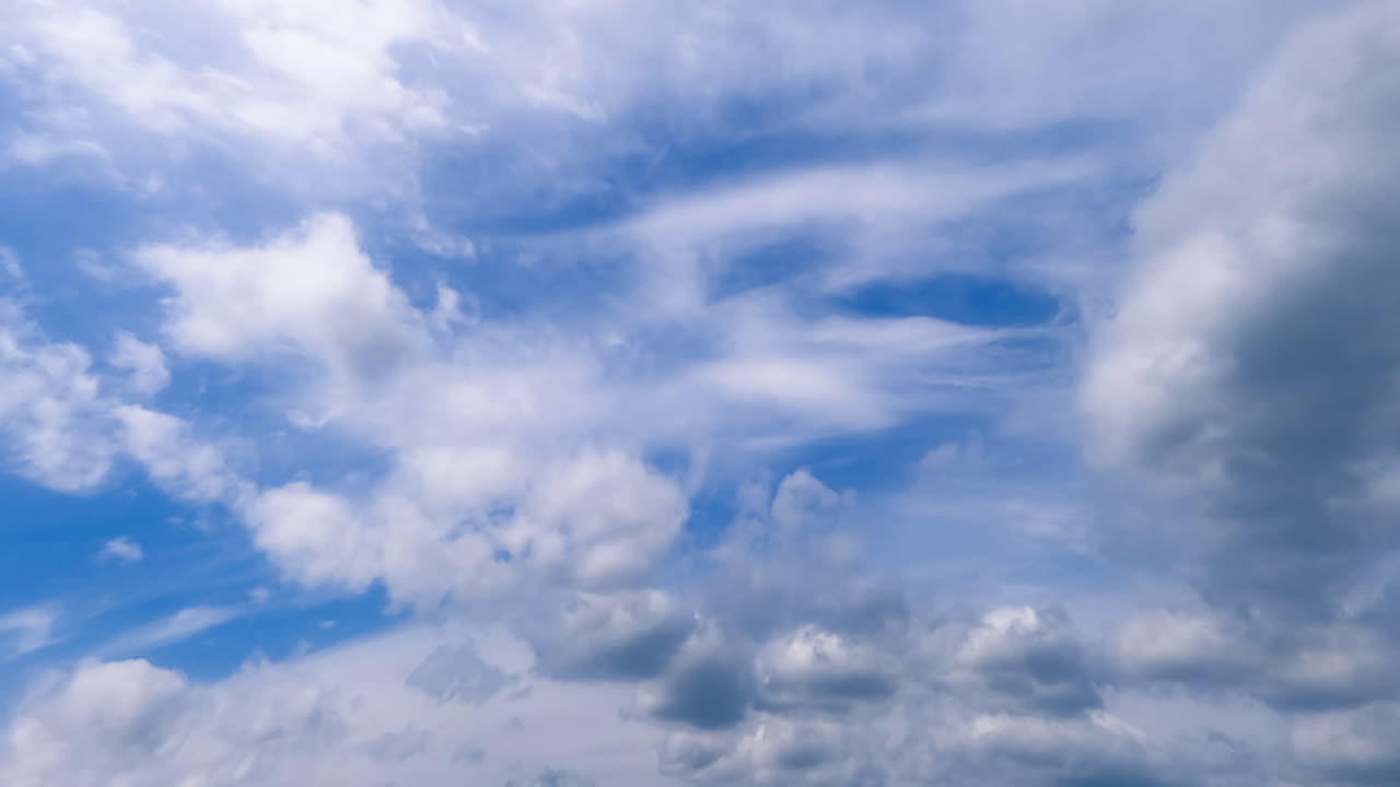 Rain formation in the atmosphere. Clouds of diverse size, shape and kind float quickly in the sky. Low angle view. Timelapse.