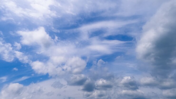 Rain formation in the atmosphere. Clouds of diverse size, shape and kind float quickly in the sky. Low angle view. Timelapse.