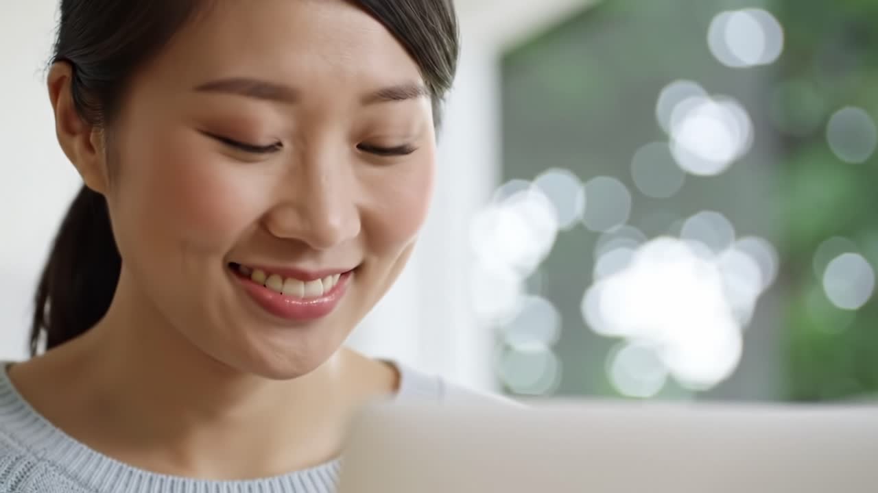A Smiling Woman Engaged with Her Laptop, Radiating Joy and Focus While Surrounded by a Soft, Natural Background, Emphasizing the Connection Between Technology and Happiness