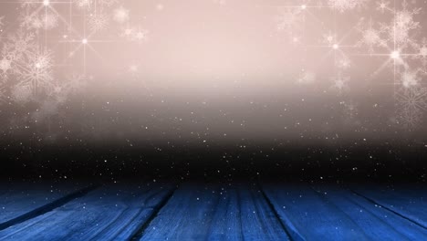 animación de nieve cayendo sobre puntos de luz con espacio de copia y tablas de madera