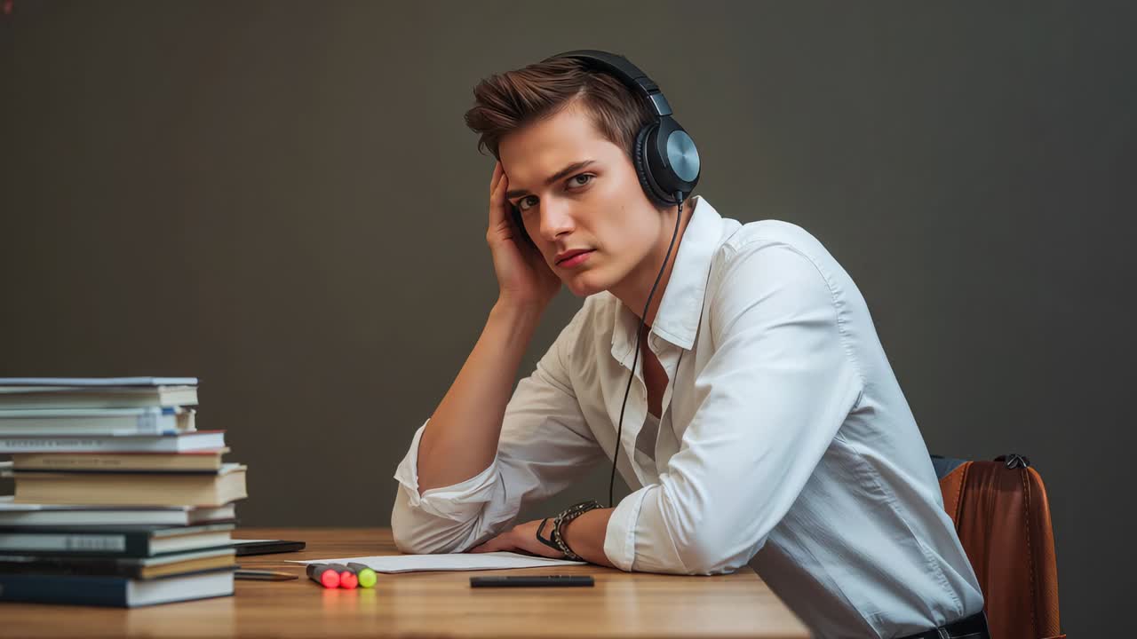 Uomo che ascolta musica in cuffia, con camicia bianca, che batte la mano e chiude gli occhi alla scrivania dopo che la musica è iniziata