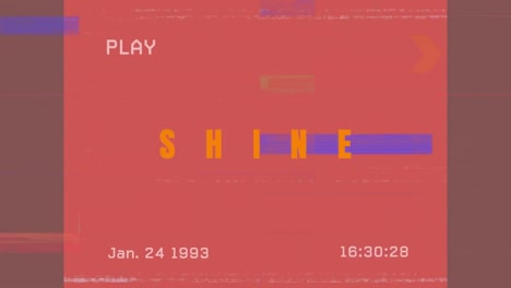 Animation-of-shine-in-orange-text-with-colourful-interference-on-playback-screen-with-red-background
