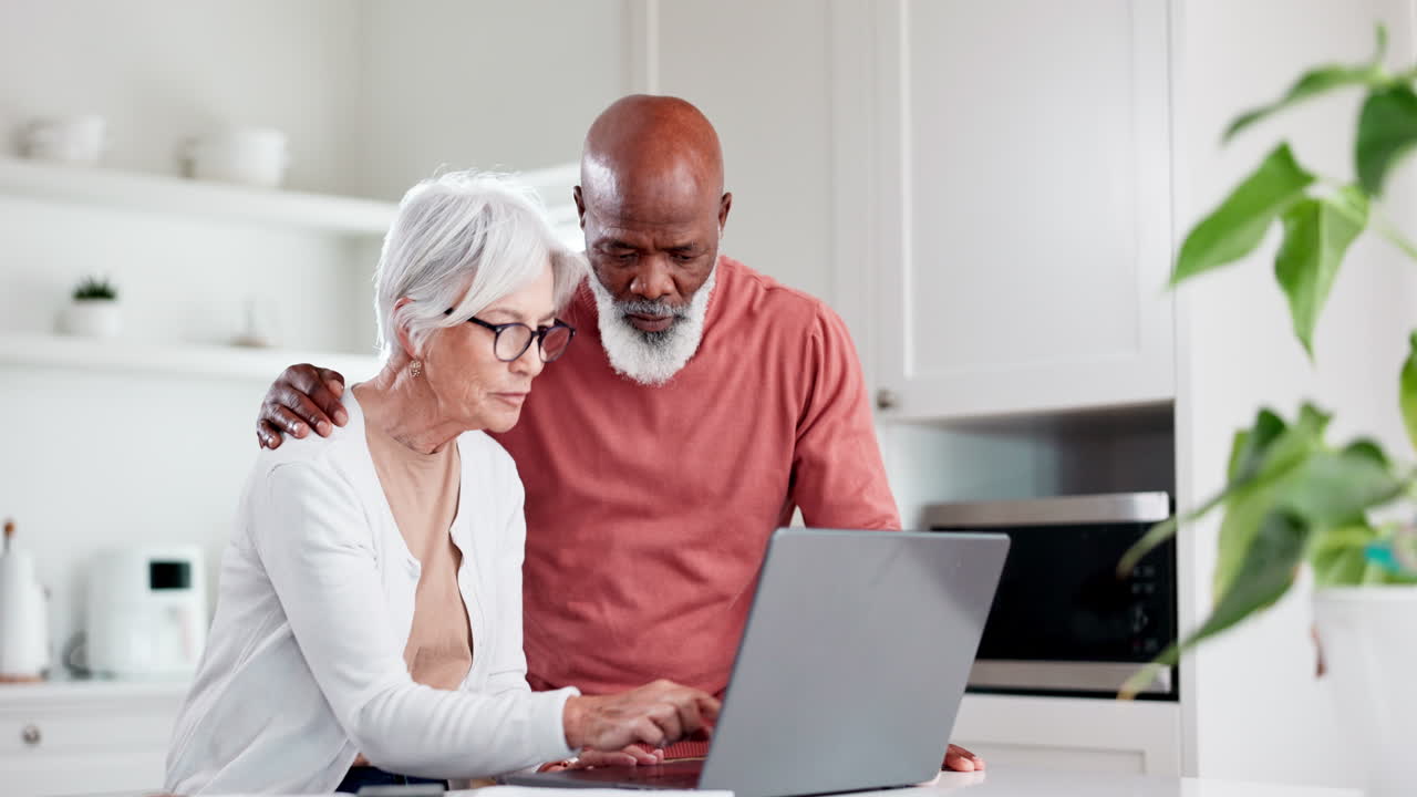Senior couple, laptop and happy for home