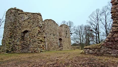 Ruins-of-a-stone-castle,-overgrown-with-moss-and-vegetation,-in-the-middle-of-a-forest