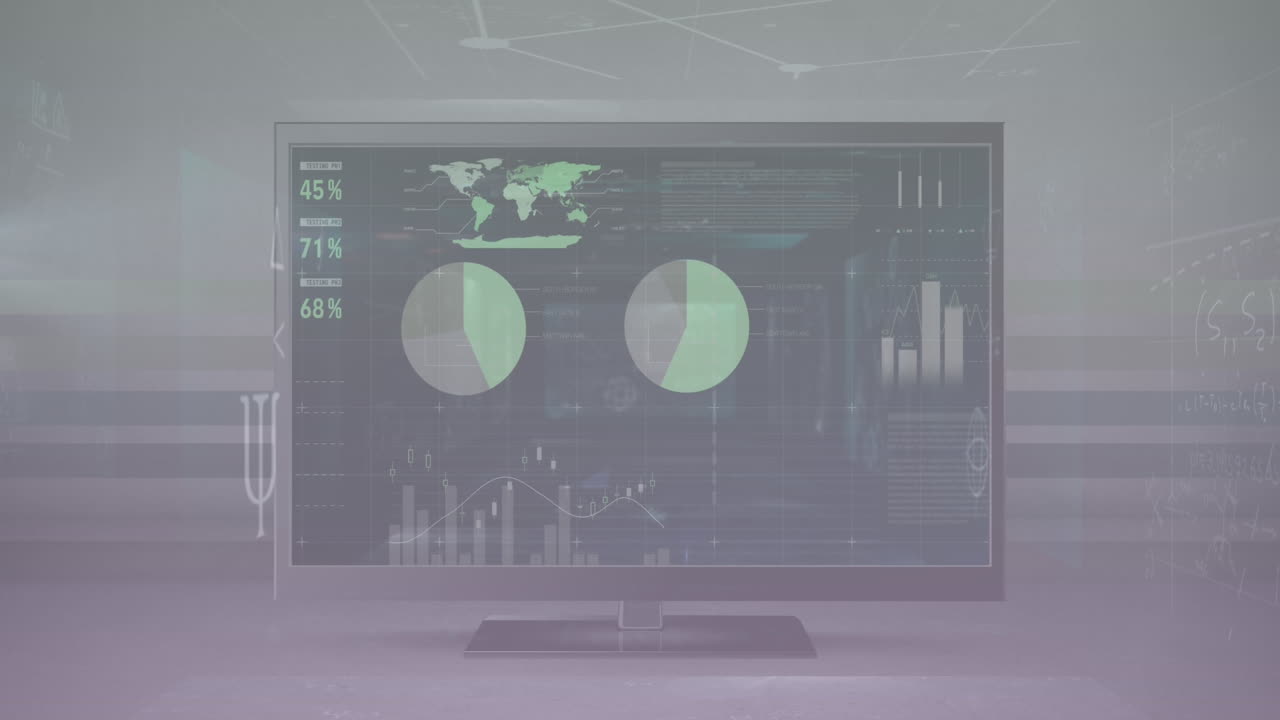 Animation of mathematical equations and diagram over infographic interface in desktop on table