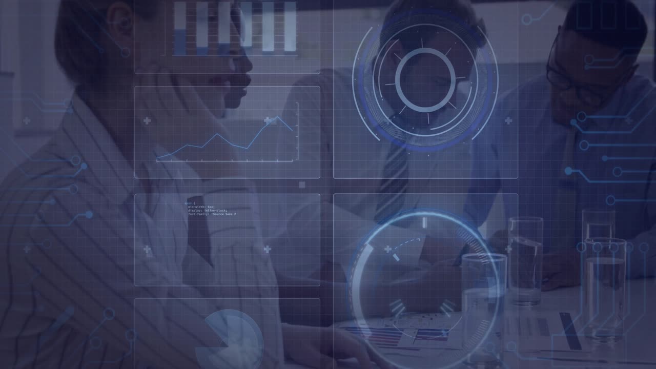 Colleagues collaborating in business meeting, displaying futuristic HUD, circuit grids and charts