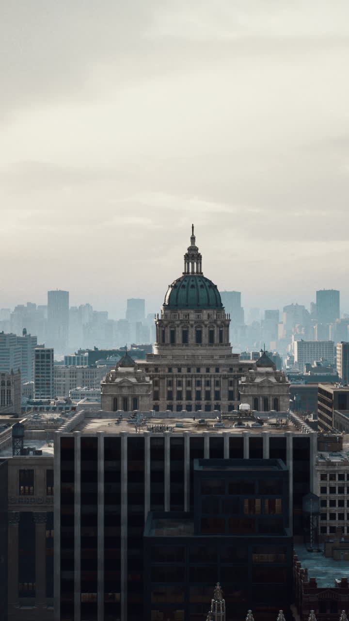 A cúpula oferece uma perspectiva sobre diversos edifícios urbanos e modernos.