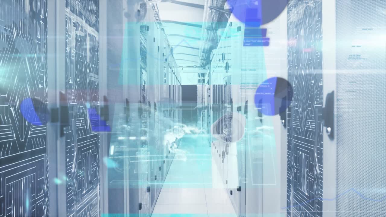 Animation of mathematical equations and screens with data processing against computer server room