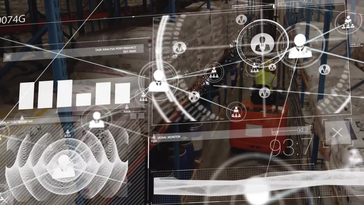 animación de la red de conexiones y escaneo de alcance sobre el hombre que trabaja en el almacén