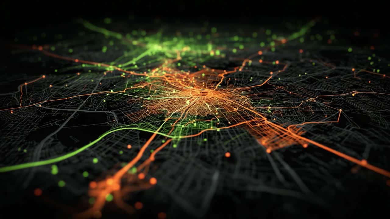 Aerial View of a Vibrant Urban Landscape Illuminated by Colorful Light Trails Representing Traffic Patterns and City Connectivity in a High-Tech Visualization