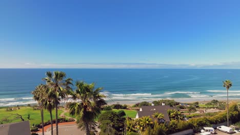 Palm-Trees-With-Powerhouse-Park,-Beach-And-Blue-Sea-In-The-Background-In-Del-Mar,-California,-USA