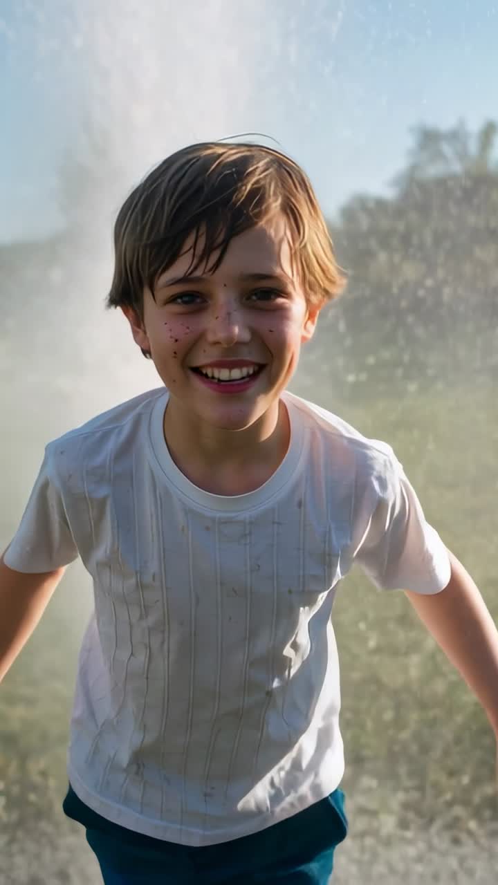 Vídeo vertical: fuente echando agua, niño sonriente corriendo hacia la cámara en un jardín, jugando con una camiseta blanca